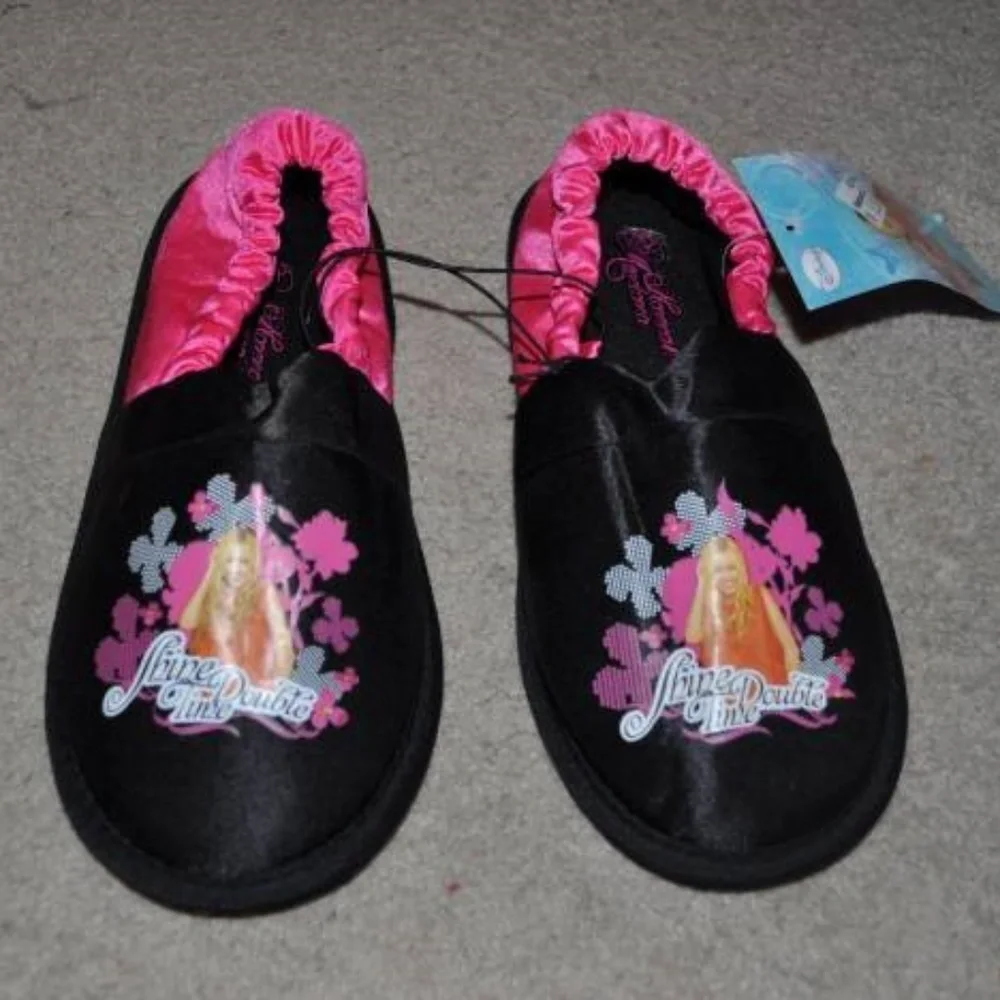 Toddler Girls Disney Hannah Montana Slippers 11/12 Black Pink Satiny Slip On